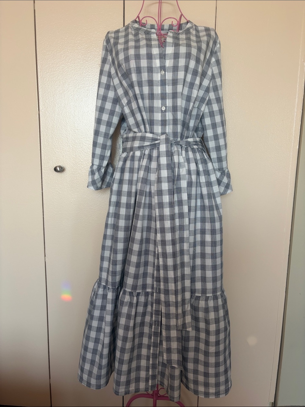 Barbour Gray and White Gingham Long Sleeve Maxi Dress with Waist Tie